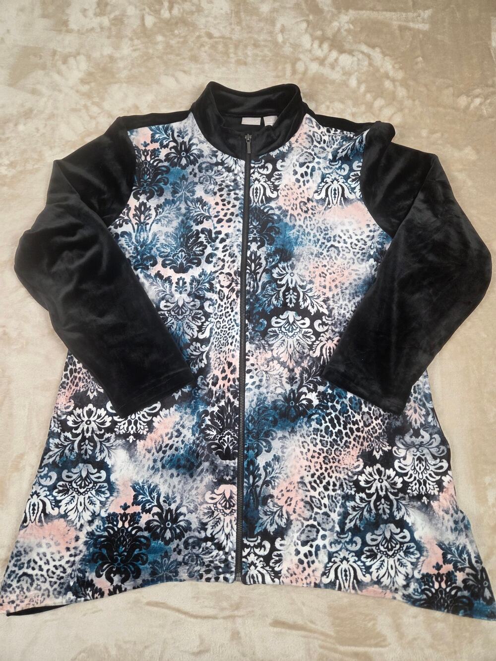 Chico's Zenergy Velvet Leopard Floral Zip Up Jacket Velour Size 3 XL 16/18